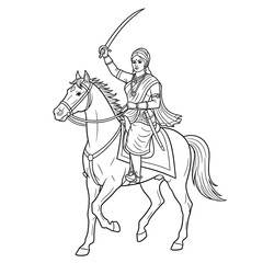 Fototapeta premium Traditional Indian Warrior Woman Riding Horse with Sword Line Art Coloring Page