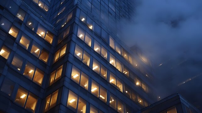 Illuminated office glow in a modern skyscraper at night shrouded in atmospheric fog - Powered by Adobe