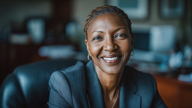 A poised professional woman smiles warmly in her office, exuding confidence and experience. Her sharp suit and radiant expression convey strength and approachability.