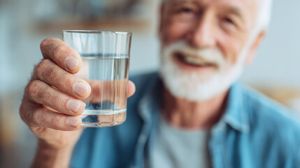 Smiling senior man holds a glass of clear water, promoting hydration and healthy habits.  Simple pleasures for a vibrant life. Stay refreshed and happy always!
