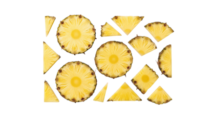 Assortment of fresh pineapple slices and wedges arranged on a white background