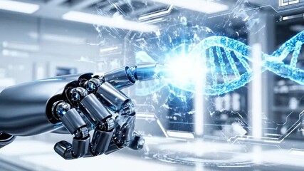 A robotic hand points to a glowing DNA helix on a display, with futuristic digital interfaces - Powered by Adobe