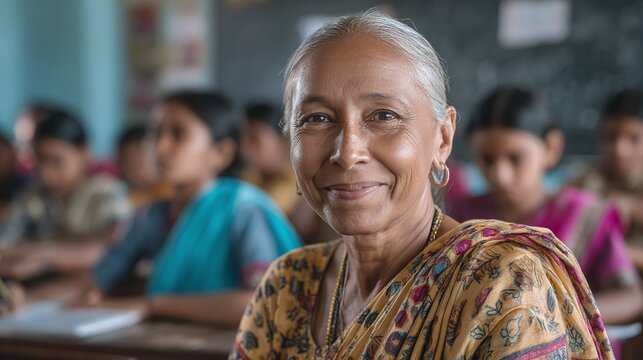 A portrait of a smiling teacher in a classroom, radiating warmth and wisdom. Her eyes reflect years of dedication, creating a nurturing and supportive learning environment.