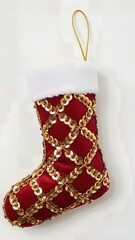 Sophisticated Gold Sequin Embellished Christmas Stocking Decoration Luxury Fabric Isolated Professional Product Photography