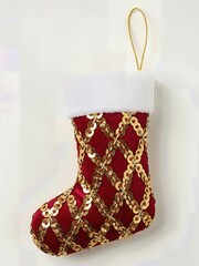 Sophisticated Gold Sequin Embellished Christmas Stocking Decoration Luxury Fabric Isolated Professional Product Photography
