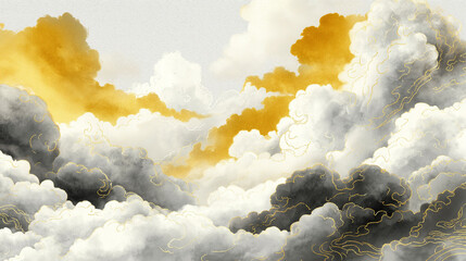 水墨画風の雲海と山並み 金箔アクセントの和風背景素材