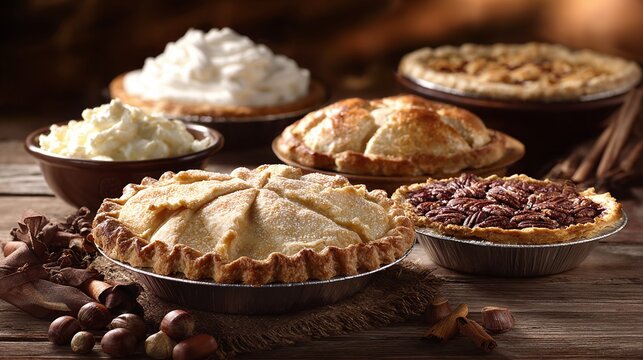 A delightful assortment of homemade pies, showcasing classic flavors from apple to pecan, perfect for sharing and festive celebrations on a rustic wooden table.