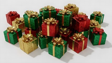 Christmas Gifts Pile: Red, Green, and Gold Presents for Holiday Celebrations.