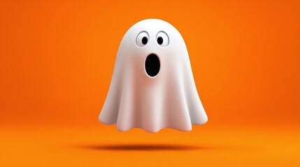 Halloween spookiness! A cute, cartoon ghost floats against an orange backdrop, ready for some trick-or-treating. This is a fun, festive, and lighthearted image.