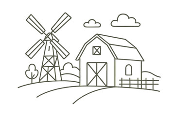 Simple line drawing of a windmill and barn in rural landscape
