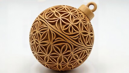 Artisan Wooden Ball Ornament Carved Geometric Pattern Natural Wood Grain Hand Crafted Isolated Christmas