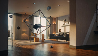 Abstract geometric shapes float in a modern living room.