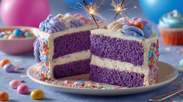 Celebrate in style with a slice of vibrant purple cake adorned with colorful sprinkles and dazzling sparklers! It's a feast for the eyes and the taste buds.