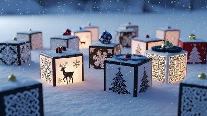 Christmas Lanterns in Snow, Holiday Season Decoration, Winter Festive Lights.