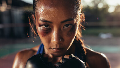 Sweaty boxer with bruises looks intensely forward in a ring.