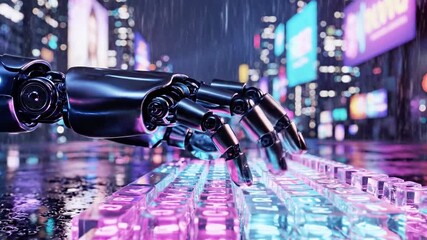 A robotic hand uses a keyboard in a rainy neon city at night, reflecting lights - Powered by Adobe