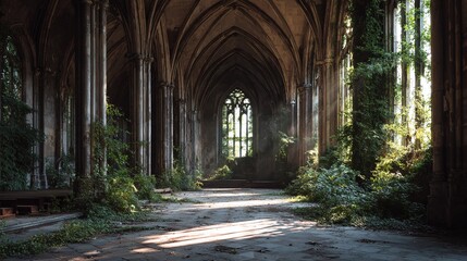 Naklejka premium An old cathedral overtaken by nature, where vines climb the gothic columns and light streams through arched windows, creating a serene and mysterious atmosphere.