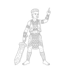 Strong Woman Warrior with Sword Striking a Confident Pose Pointing Upward