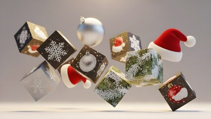 Christmas festive floating ornaments and cubes with holiday decorations and santa hats.