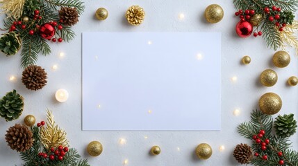 Festive Christmas scene with gold and red ornaments, pinecones, evergreen branches on white background. Use: holiday greeting card design, luxury.