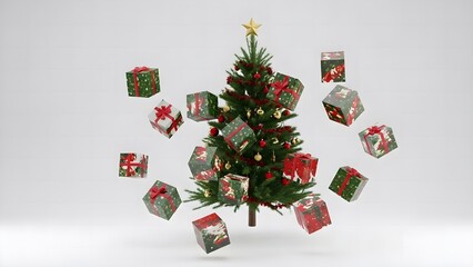 Christmas Tree Surrounded by Floating Presents Festive Holiday Season Celebration.