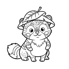 Fototapeta premium Adorable Forest Raccoon Cartoon Character Wearing a Large Green Leaf as a Unique Hat