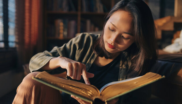 Woman reading a book in a dimly lit room with bookshelves. - Powered by Adobe