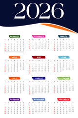 2026 calendar. Planner template. Week starts Sunday. Yearly calender organizer layout. Scheduler grid for desk. Monthly diary with 12 month. Vector illustration. Horizontal landscape design