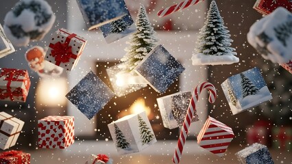 Festive Christmas Scene with Gifts Snowflakes and Trees Floating Holiday Background.