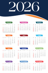 2026 calendar. 2026 Planner calender template with 12 month. Symple Layout Illustration. 2026 calendar. Planner template. Week starts Sunday. Yearly calender organizer layout. Scheduler grid for desk.