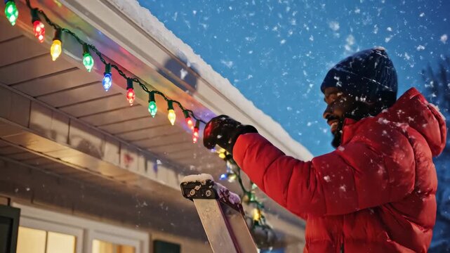 Man Installing Holiday Lights in Winter - A man in winter clothes is shown installing colorful holiday string lights outdoors during a light snowfall.