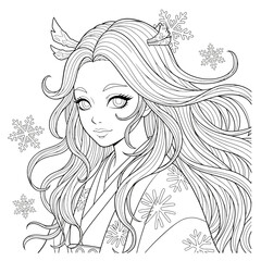 Fototapeta premium Graceful Anime Style Girl in Elegant Winter Dress Surrounded by Falling Snowflakes