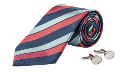 A striped tie and cufflinks isolated on transparent background