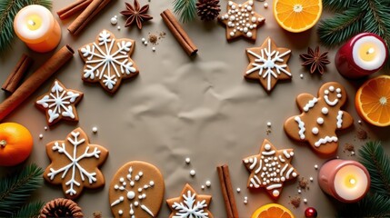 A beautifully arranged selection of Christmas cookies surrounded by seasonal decorations like oranges, cinnamon sticks, and candles.