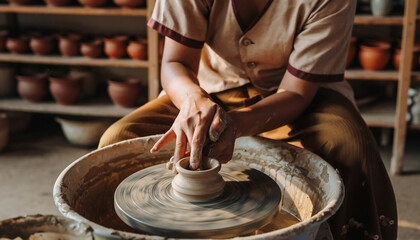 Hands shaping clay on a pottery wheel in a workshop.