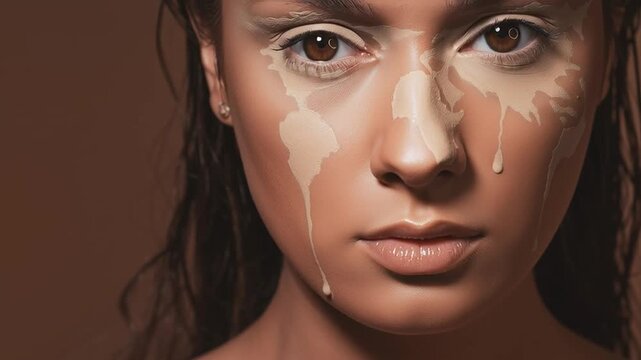 Concept portrait, the planet is crying. Pigmentation on the skin of a young beautiful girl, A beautiful young woman with a print of an earth map on her face, in the form of a vitiligo spot, she is the