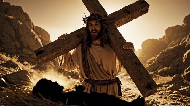 Jesus Christ Carries Cross - video shows a depiction of Jesus Christ, wearing a crown of thorns, carrying the wooden cross through the desert.