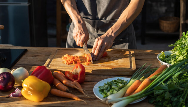 Person chopping vegetables on a wooden cutting board outdoors.
