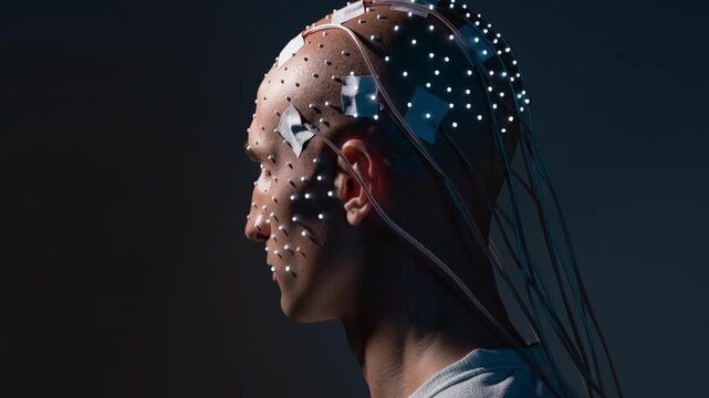 man with electrodes in his head is a futuristic concept of virtual reality and mind control. Neurointerface, brain - computer communication. transhumanism concept