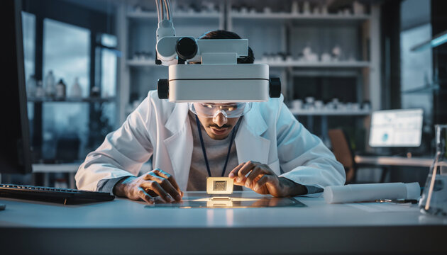 Scientist examines microchip under microscope in laboratory.