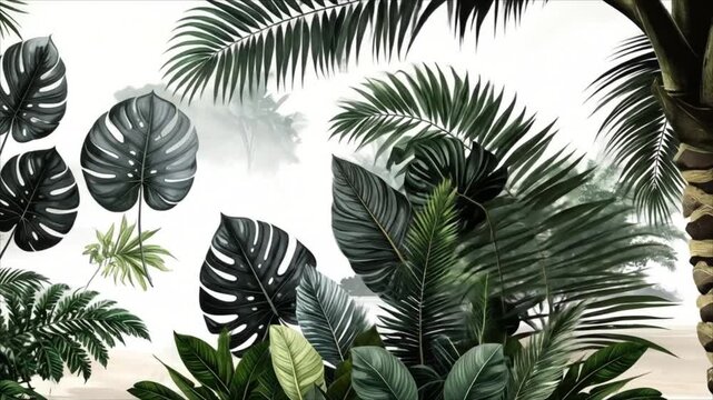 Illustration of detailed tropical plant leaves arrangement in artistic style green and dark color palette