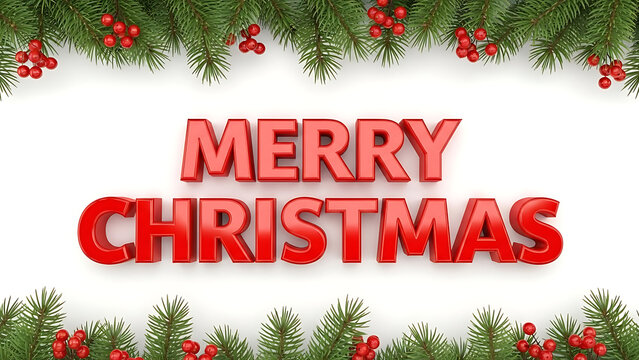 Festive red merry christmas text surrounded by evergreen branches and holly berries