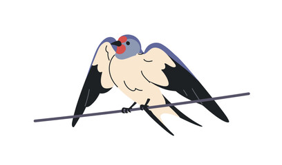 Swallow bird perched on wire. Wild avian folding wings, clinging on electric power line, landing. Sitting on cable. Flat graphic vector illustration isolated on white background