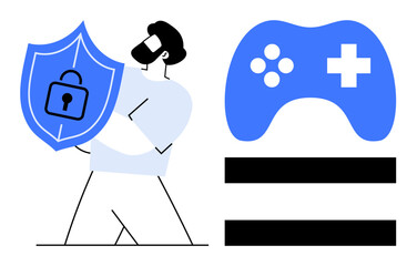 Man holding a shield with a lock symbol and a gaming controller beside equality bars. Ideal for cybersecurity, online safety, gaming protection, data privacy, digital equality, secure access