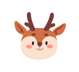 Naklejka premium Cute deer cub, face avatar. Adorable smiling baby animal with horns, wild forest character head portrait, user profile, happy friendly emotion. Flat vector illustration isolated on white background