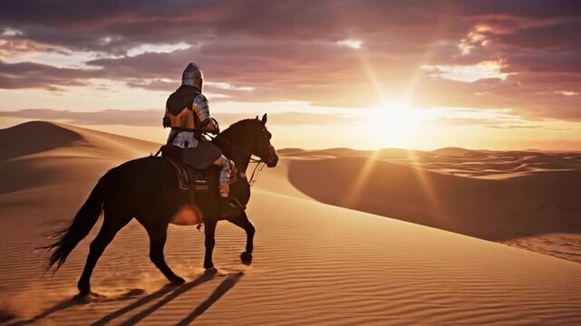 Knight Riding Horse in Desert - A knight in medieval armor rides a black horse through a vast desert landscape at sunset. The knight is looking forward, bathed in the warm light of the setting sun.