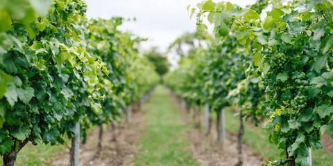 Row of grape vines with green leaves