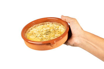 Male hand holding Grilled provolone cheese isolated no background cutout