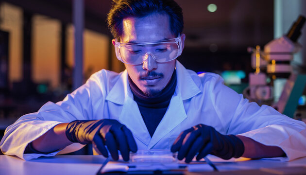 Scientist in lab coat and goggles works with petri dish under blue light.