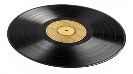 A black vinyl record with a gold label, isolated on a transparent background